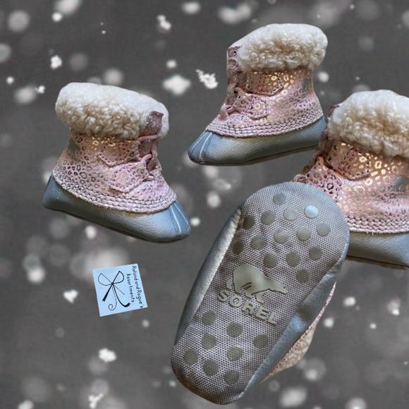Sorel Dusty Pink Chrome Grey Animal Print Caribootie Booties Baby Sz 3 - Picture 1 of 6